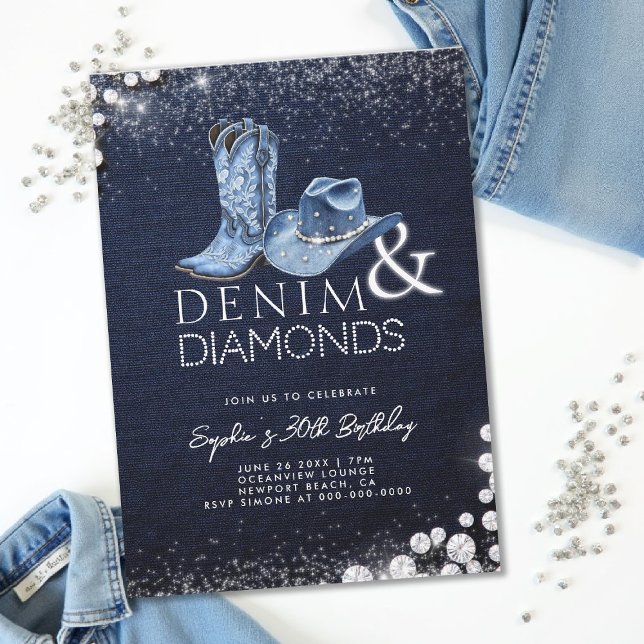 Convites Denim Diamantes Cowgirl Hat Boots aniversário de 3 (denim and diamonds 30th birthday party invitation blue white cowgirl hat boots bling sparkles)