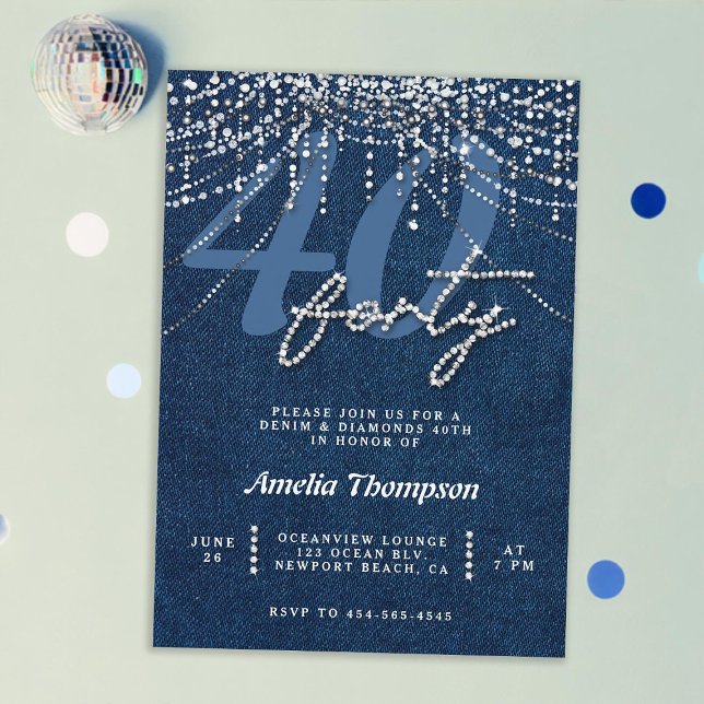 Convites Denim Diamantes Derramam Festa de aniversário de 4 (denim diamonds 40th birthday invitation for women elegant classy rhinestones modern denim glitter)
