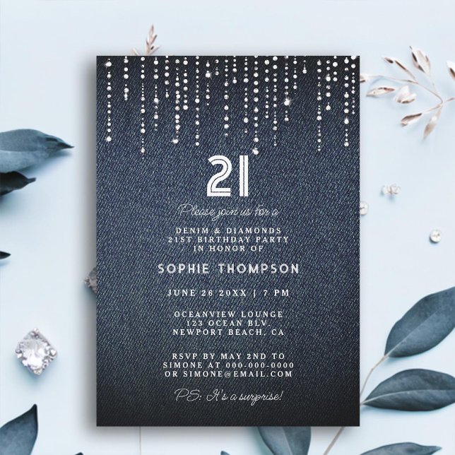 Convites Denim Diamantes, Festa de aniversário de 21 anos (denim diamonds 21st birthday party invitation for women modern simple glam elegant classy drippings)
