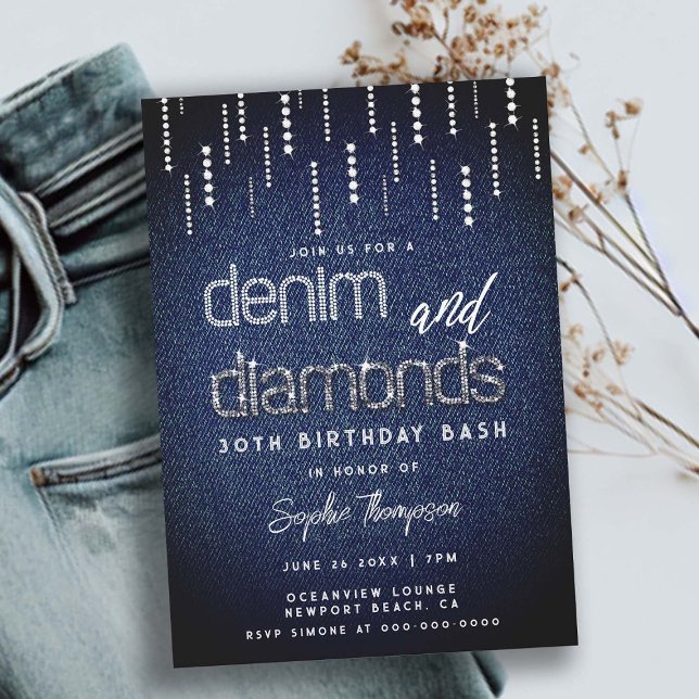 Convites Denim Diamantes Glam Drip Clássico aniversário de  (denim and diamonds 30th birthday invitation for women glitter drips elegant classy modern glam chic)