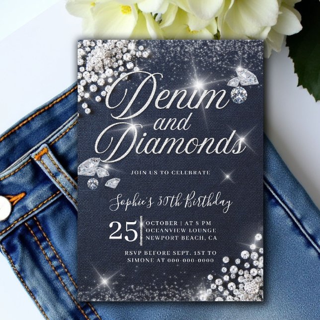 Convites Denim Diamantes Glam Script Classy aniversário de  (denim and diamonds 30th birthday party invite glam script glitz bling sparkle blue white)