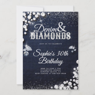 Convites Denim Diamantes Glam Script Elegante aniversário d