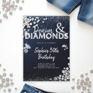 Convites Denim Diamantes Glam Type Elegant aniversário de 3