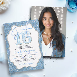 Convites Denim Diamantes Glitter Chic Frame Foto Sweet 16