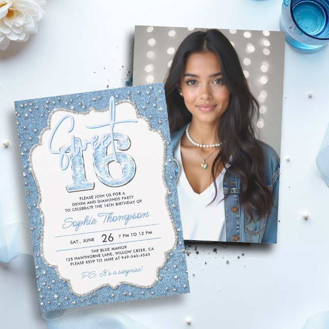 Convites Denim Diamantes Glitter Chic Frame Foto Sweet 16 (sweet sixteen invitation 16th birthday photo template denim diamonds elegant frame bling fashion)
