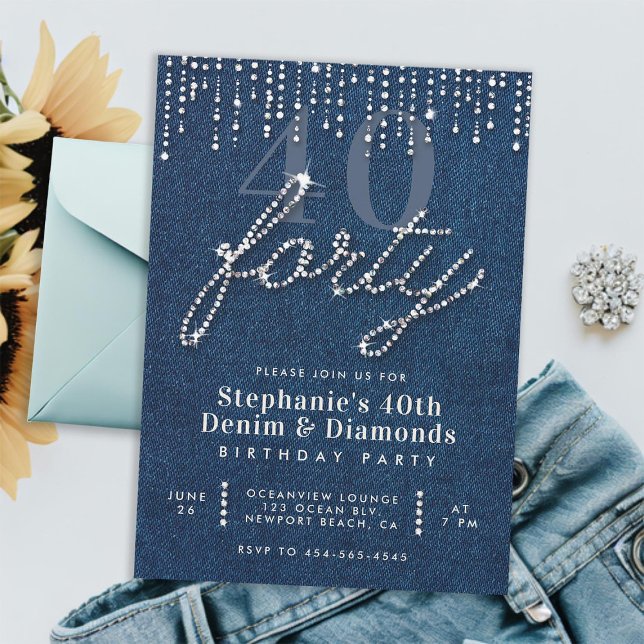 Convites Denim Diamantes Glitter Drives aniversário de 40 a (denim diamonds 40th birthday for women invitation glitter drips classy rhinestones calligraphy chic)