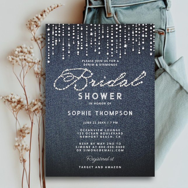 Convites Denim Diamantes Glitter Drives Chá de panela Elega (denim diamonds glitter drips bridal shower invitation modern classy simple elegant calligraphy blue)