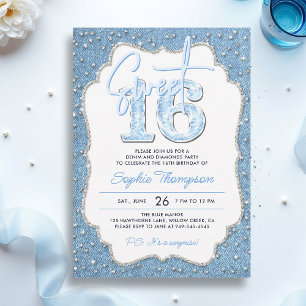 Convites Denim Diamantes Glitter Elegant Frame Sweet 16