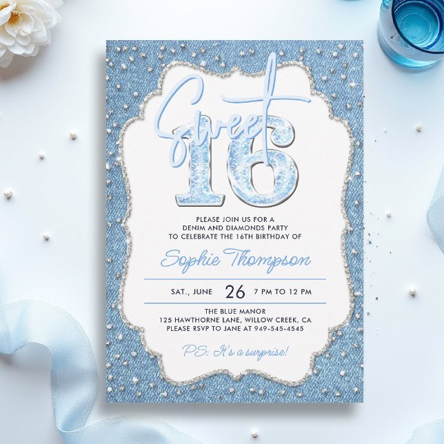 Convites Denim Diamantes Glitter Elegant Frame Sweet 16 (sweet sixteen invitation 16th birthday denim diamonds elegant frame bling fashion teen girl)