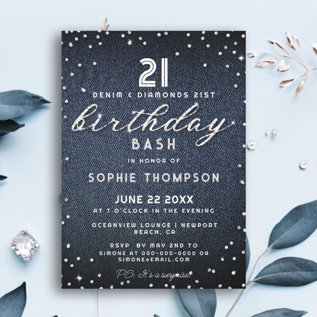 Convites Denim Diamantes Glitter Eleger aniversário de 21 a (denim diamonds 21st birthday party invitation modern elegant chic classy simple typography glam)