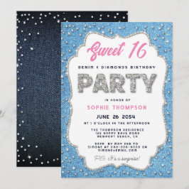 Convites Denim Diamantes Glitter Frame Sweet 16 Party Pink