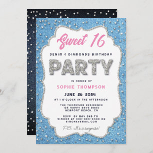 Convites Denim Diamantes Glitter Frame Sweet 16 Party Pink