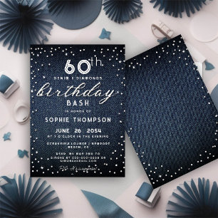 Convites Denim Diamantes Glitter Modern 60ª Festa de aniver