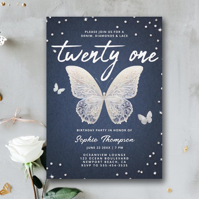 Convites Denim Diamantes Lace Butterfly Modern aniversário  (denim diamonds lace 21st birthday invite for girls elegant modern classy chic rhinestones blue jeans)