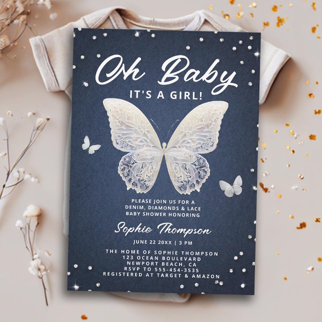 Convites Denim Diamantes Lace Butterfly Oh Baby Girl Chá (denim diamonds lace baby girl shower invitation rhinestones butterflies elegant modern classy chic)
