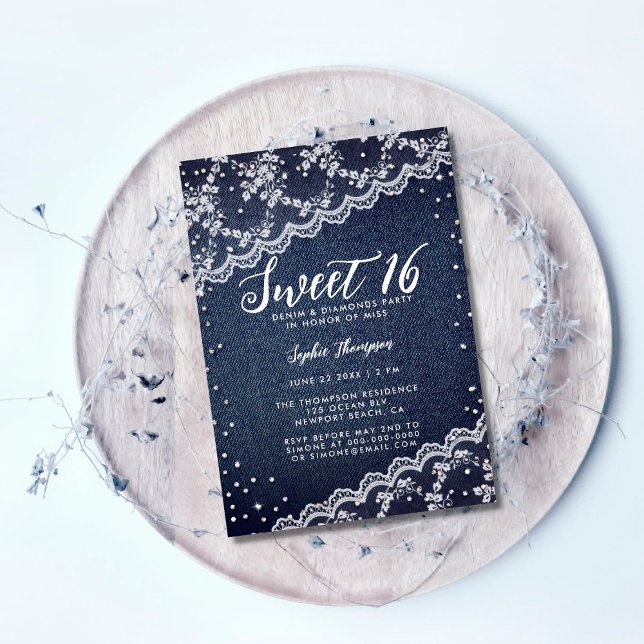 Convites Denim Diamantes Lace Sweet 16 Trendy Festa de aniv (Criador carregado)