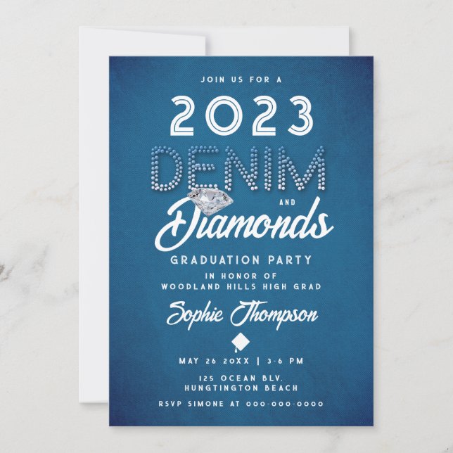 Convites Denim Diamantes Lettering Festa de formatura Moder (Frente)