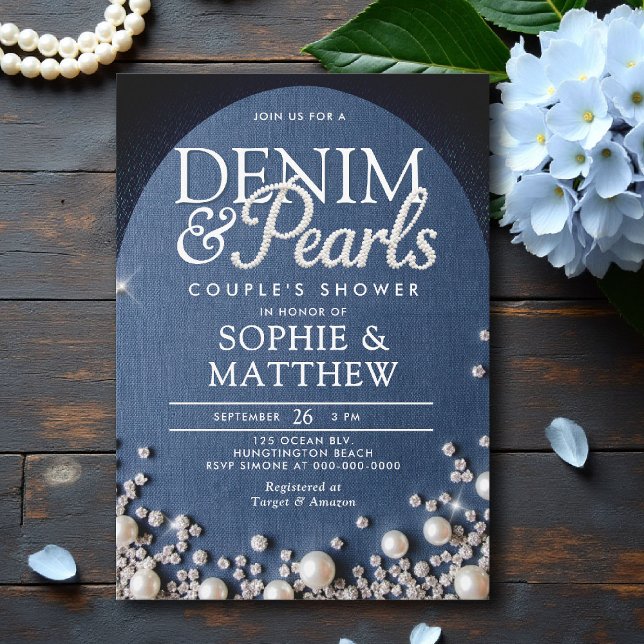 Convites Denim Diamantes Pearls Arco Chá de Casal Chic (denim and pearls couple shower invitation bridal wedding diamonds blue white arch elegant classy coe)