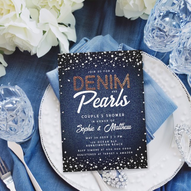 Convites Denim Diamantes Pearls Casal Elegante Moderno (denim diamonds pearls couple wedding shower invitation blue brown brass elegant classy rustic chic)
