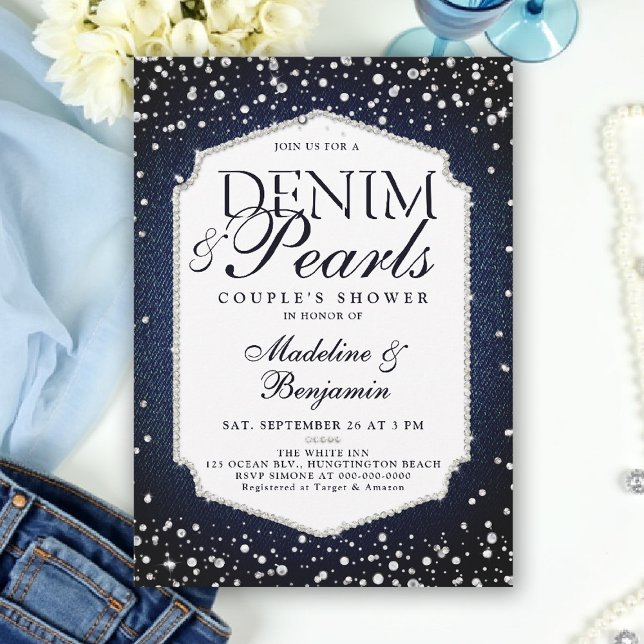 Convites Denim Diamantes Pearls Chá de casamento de Frame E (denim and pearls couple wedding shower invitation coed jack jill blue white elegant classy frame)