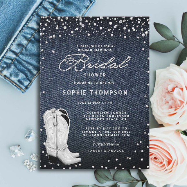 Convites Denim Diamantes Pearls Chá de panela de Botas Ocid (denim and diamonds pearls bridal shower invitation white cowgirl boots western country elegant class)