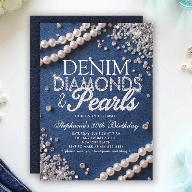 Convites Denim Diamantes Pearls Chic Classy Na moda Birthda (denim diamonds and pearls party ideas modern classy elegant blue white invites diy invites templates)