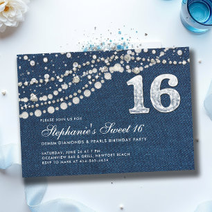 Convites Denim Diamantes Pearls Elegante Clássico Sweet 16