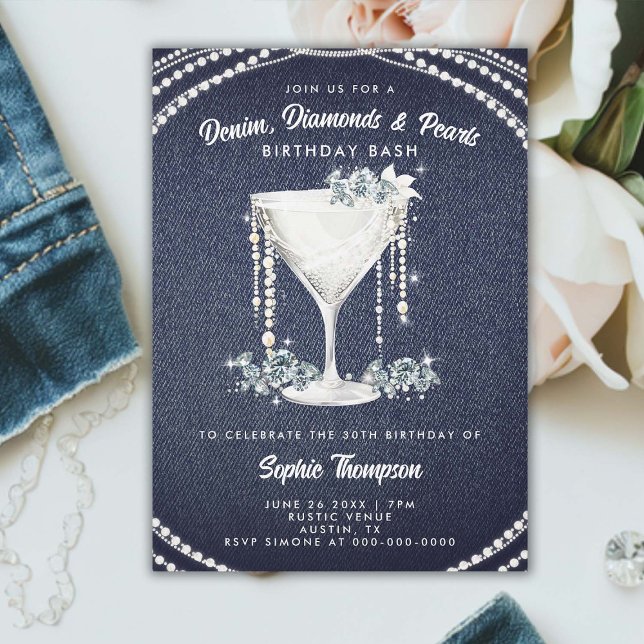 Convites Denim Diamantes Pearls Festa de aniversário de Cha (denim diamonds pearls birthday party invitation elegant classy champagne bling glam glitz sparkle)