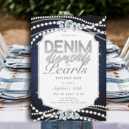 Convites Denim Diamantes Pearls Frame aniversário de 40 ano