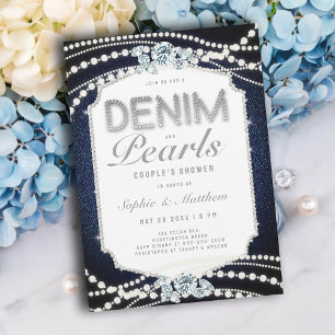 Convites Denim Diamantes Pearls Frame Chá de casamento
