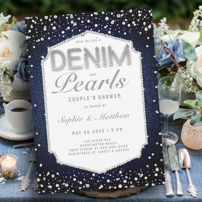 Convites Denim Diamantes Pearls Frame Elegante Chá de Casam (wedding shower ideas denim diamonds pearls invitations coed jack jill couples blue white casual)