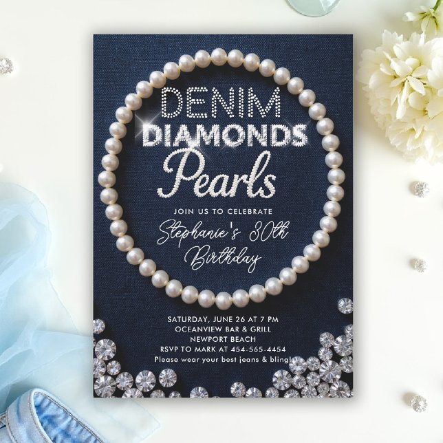 Convites Denim Diamantes Pearls Tipo Clássica Aniversário M (denim diamonds and pearls party ideas modern classy elegant blue white invites templates diy)
