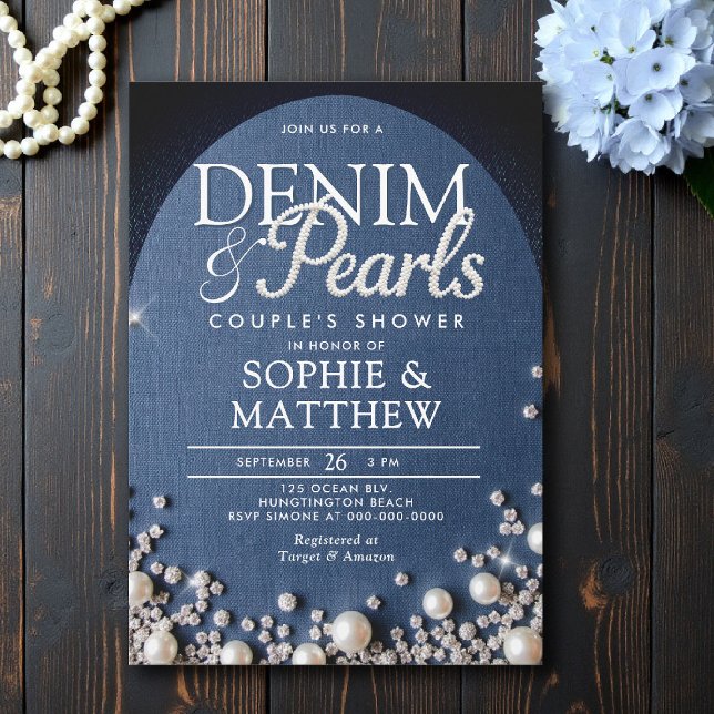 Convites Denim Diamantes Pérolas Arco Chá Azul (denim and pearls couple shower invitation bridal wedding diamonds blue white arch elegant coed)
