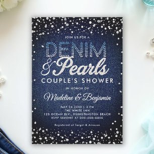 Convites Denim Diamantes Pérolas Azul Casal Moderno Chá
