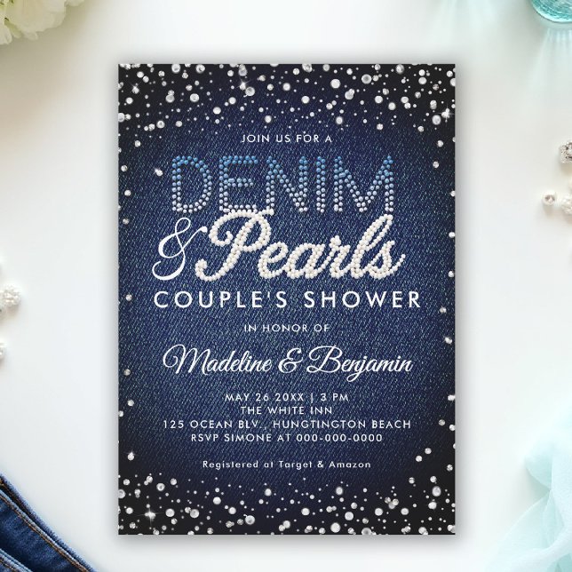 Convites Denim Diamantes Pérolas Azul Casal Moderno Chá (denim and pearls couple shower invitation coed jack jill blue white elegant modern classy chic)