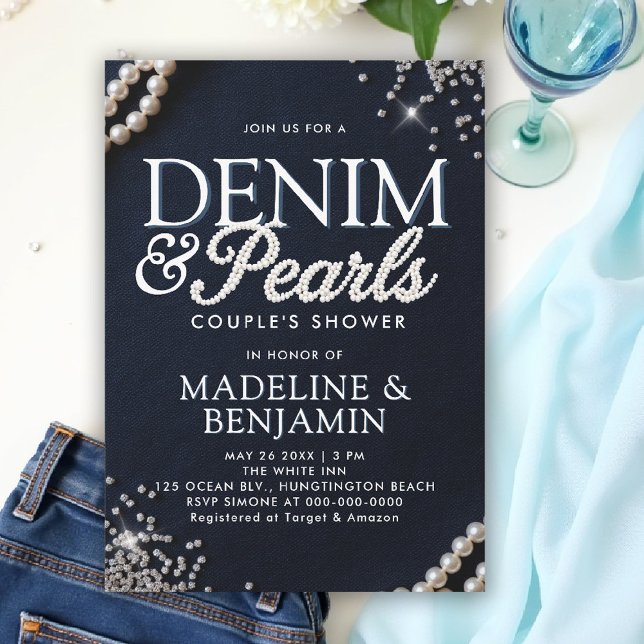 Convites Denim Diamantes Pérolas Chá Azul Elegante (denim and pearls couple wedding shower invitation coed jack jill blue white elegant modern trendy)