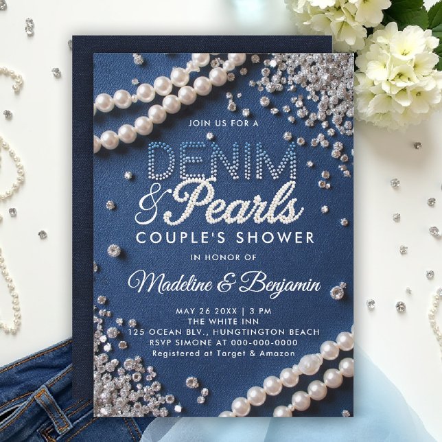 Convites Denim Diamantes Pérolas Chá Moderno Elegante (denim and pearls couple wedding shower invitation coed jack jill blue white elegant modern classy )