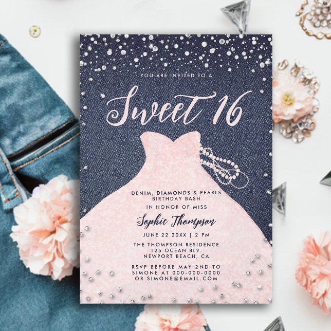 Convites Denim Diamantes Pérolas Rosa Princesa Vestida Doci (denim diamonds pearls princess dress sweet 16 invitation elegant modern trendy girly chic blue pink)
