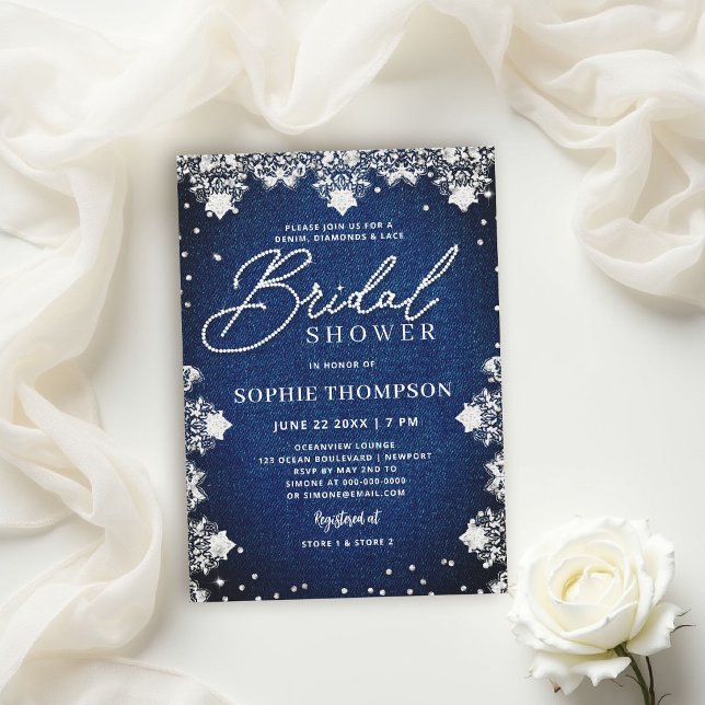 Convites Denim Diamantes Renda Azul Elegante Chá de Noiva (denim diamonds and lace bridal shower invitations template blue and white elegant classy chic)
