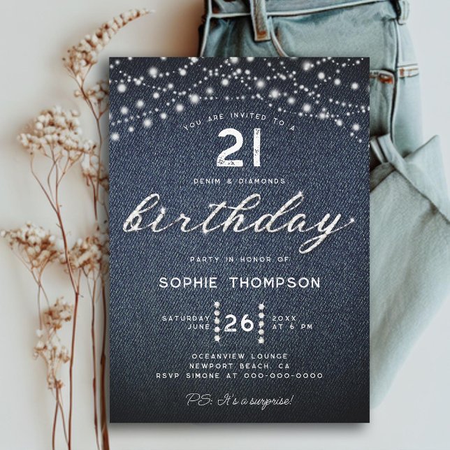 Convites Denim Diamantes Russo Lights aniversário de 21 ano (RUSTIC LIGHTS 21ST BIRTHDAY INVITATION FOR WOMEN ELEGANT RHINESTONES CALLIGRAPHY BOHO GLITTER MODERN)