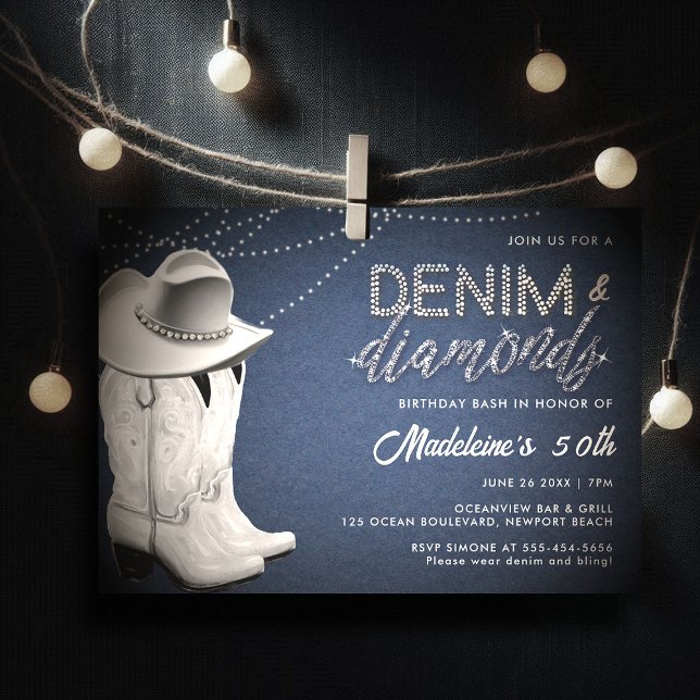Convites Denim Diamantes Rustic Glam Hat Boots 50th Birthda (denim diamonds 50th birthday invitation for women elegant classy rustic glam cowgirl boots hat bling)