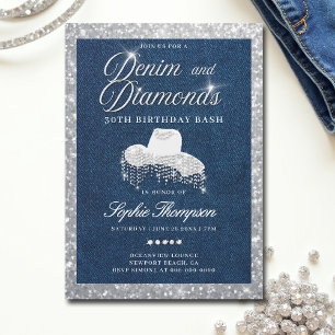 Convites Denim Diamantes Script Bling Partido aniversário d