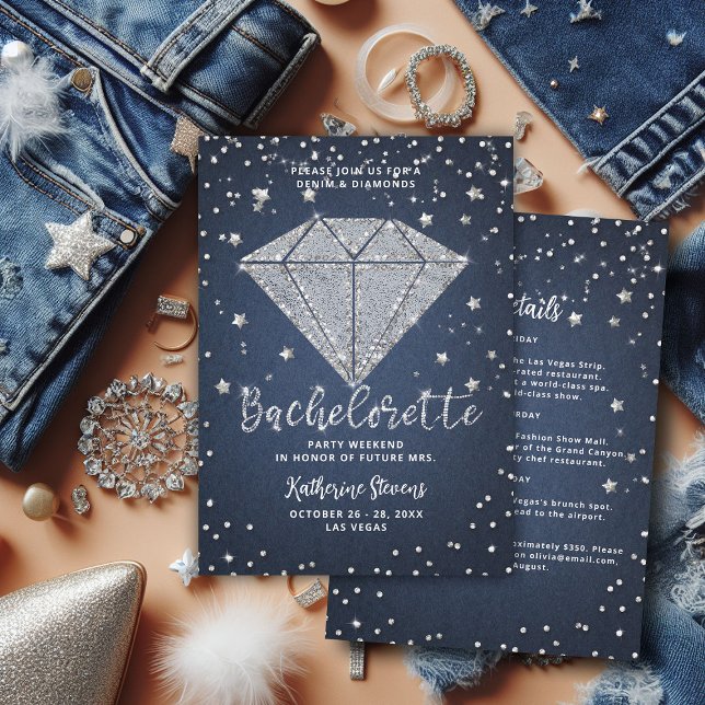 Convites Denim Diamantes Stars Festa de solteira Itinerário (denim and diamonds bachelorette party itinerary invitation template elegant classy modern chic)