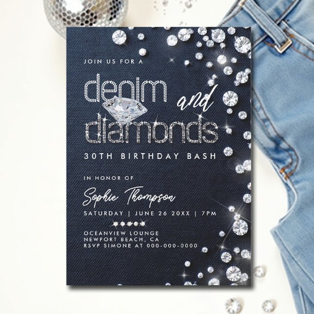Convites Denim Diamantes Tema Classe aniversário de 30 anos (denim and diamonds invitations 30th 50th sweet 16 elegant classy bling template)