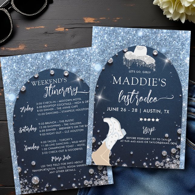 Convites Denim Diamantes Última Bachelorette Bling Rodeo (denim and diamonds bachelorette party invite last rodeo glam bling itinerary blue glitter arch)