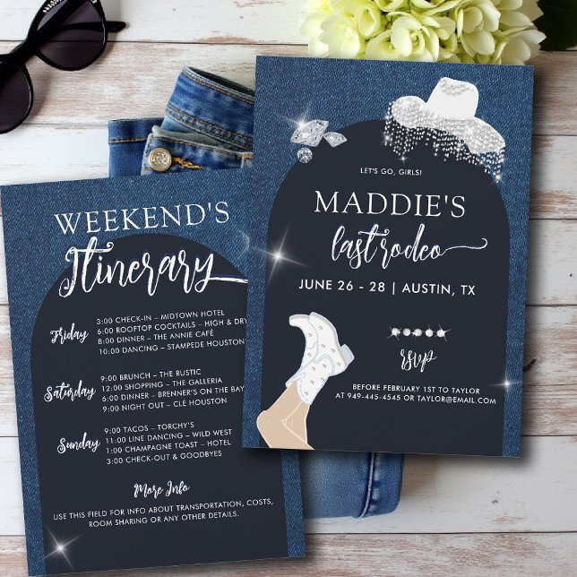 Convites Denim Diamantes Vamos Raparigas Arch Bachelorette (denim and diamonds bachelorette party invite last rodeo glam bling lets go girls itinerary arch)