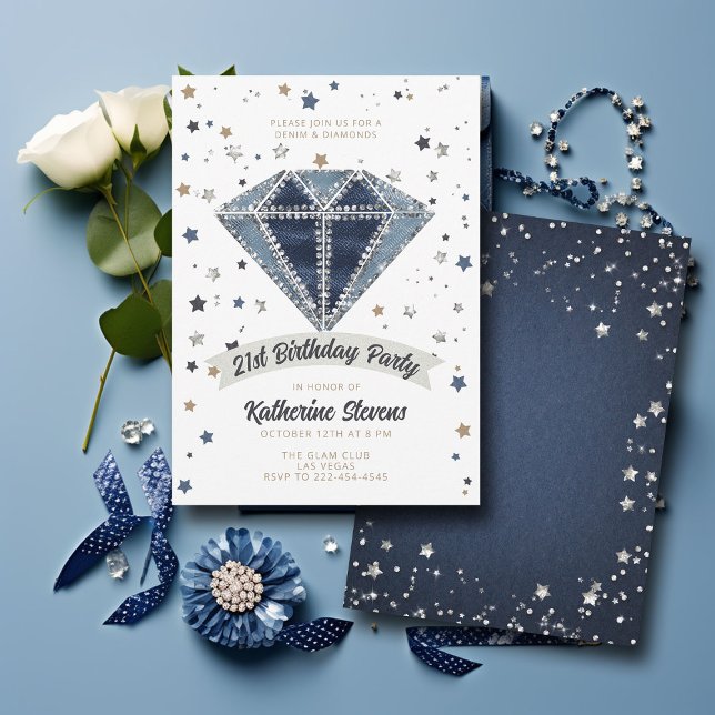 Convites Denim Diamantes White Blue Glitter aniversário de  (denim diamonds 21st birthday party invitation women white blue jeans rhinestones glitter stars class)