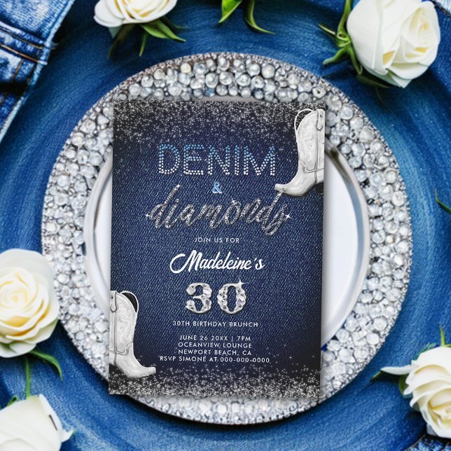 Convites Denim Diamantes White Boots Brunch aniversário de  (denim and diamonds 30th birthday invitation for women cowgirl chic boots classy modern elegant)