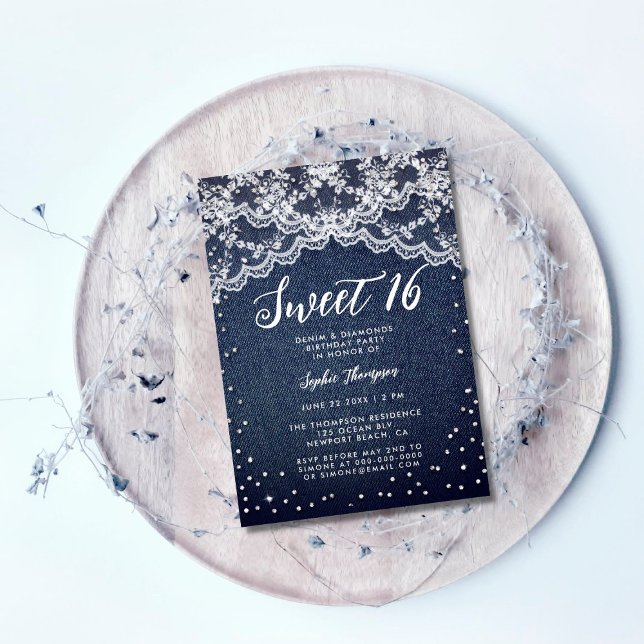 Convites Denim Diamantes White Lace Sweet 16 Festa de anive (Criador carregado)