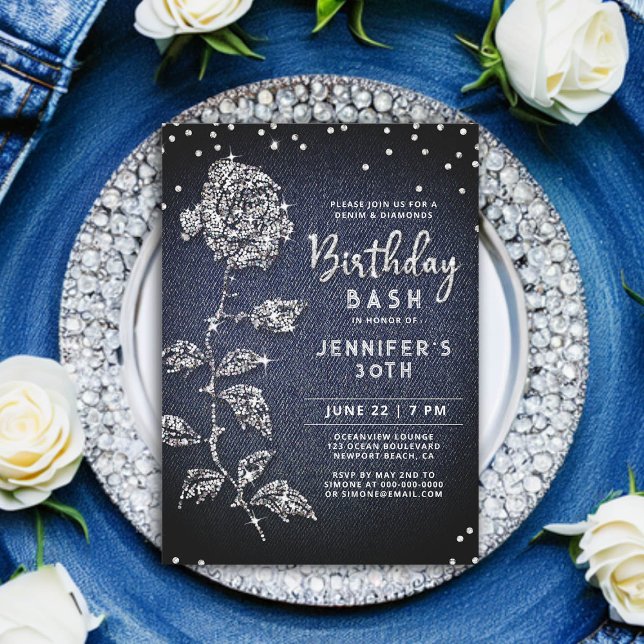 Convites Denim Diamond Bling Rosa Indigo Blue aniversário d (denim and diamonds birthday invitation 30th women bling rose rhinestones glitter glitz glam classy)